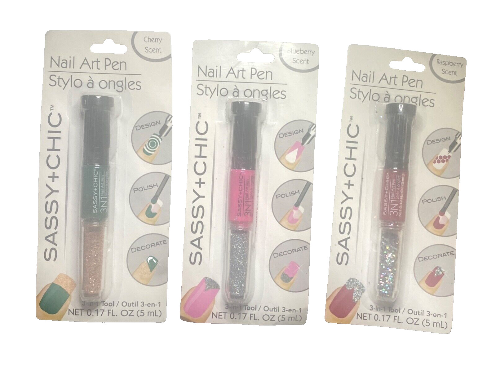Sassy Chic Nail Art Pen 3 In 1 Tool Design Polish Decorate Pick your Scent/Color