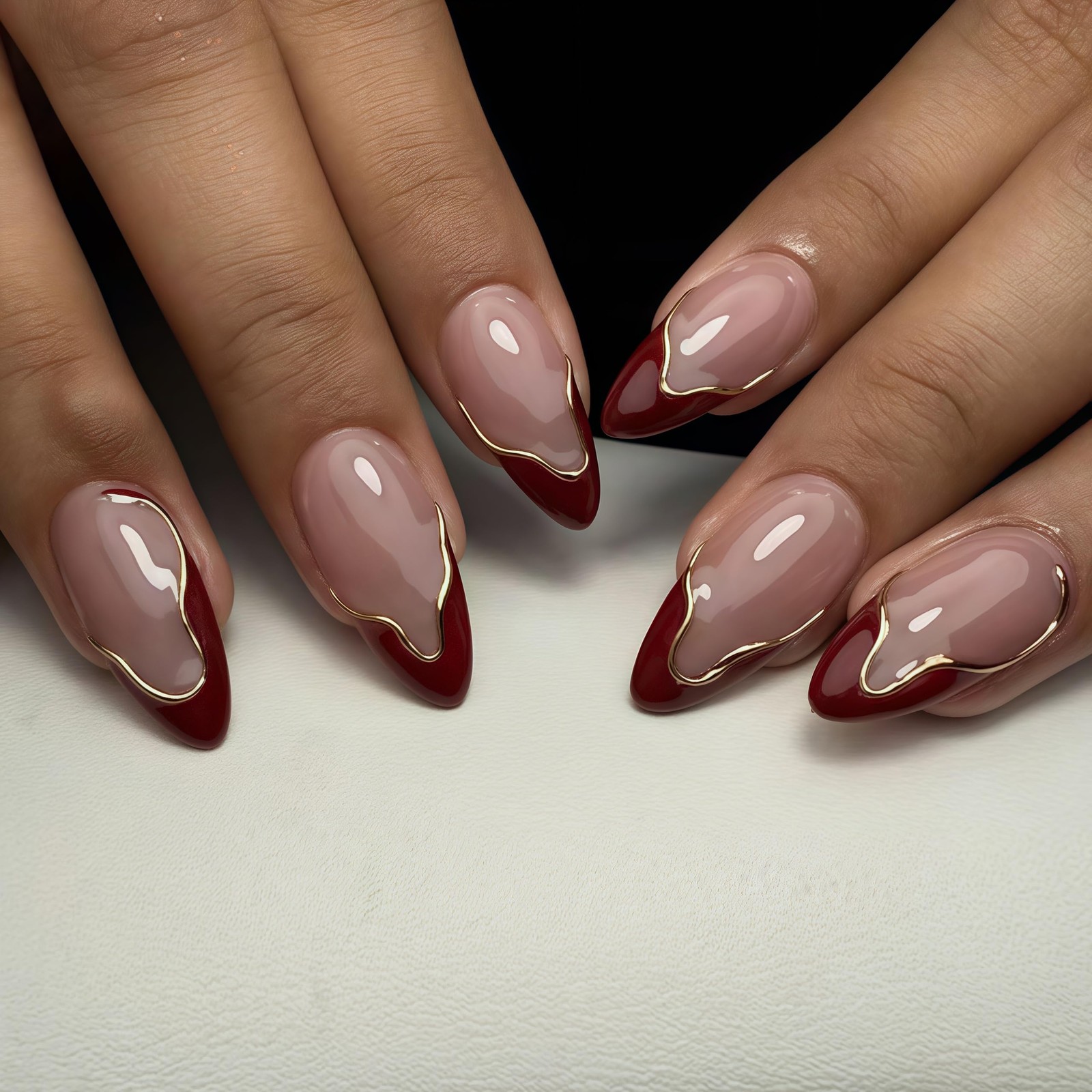 Press on Nails Medium Almond 3D Wine Red French Tip Fake Nails