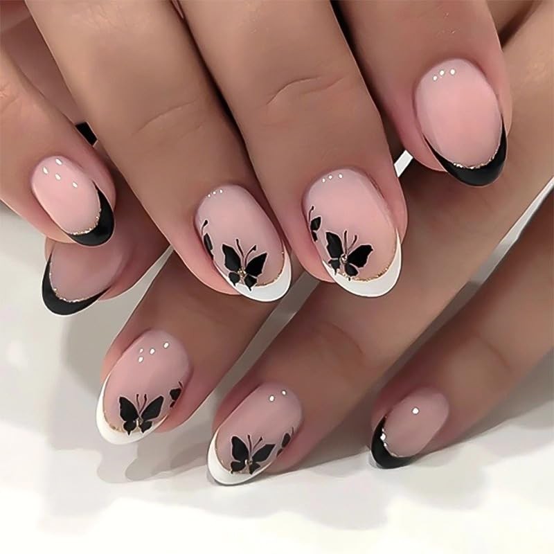 French Tip Press on Nails Short Oval Fake Nails with White Black colour62