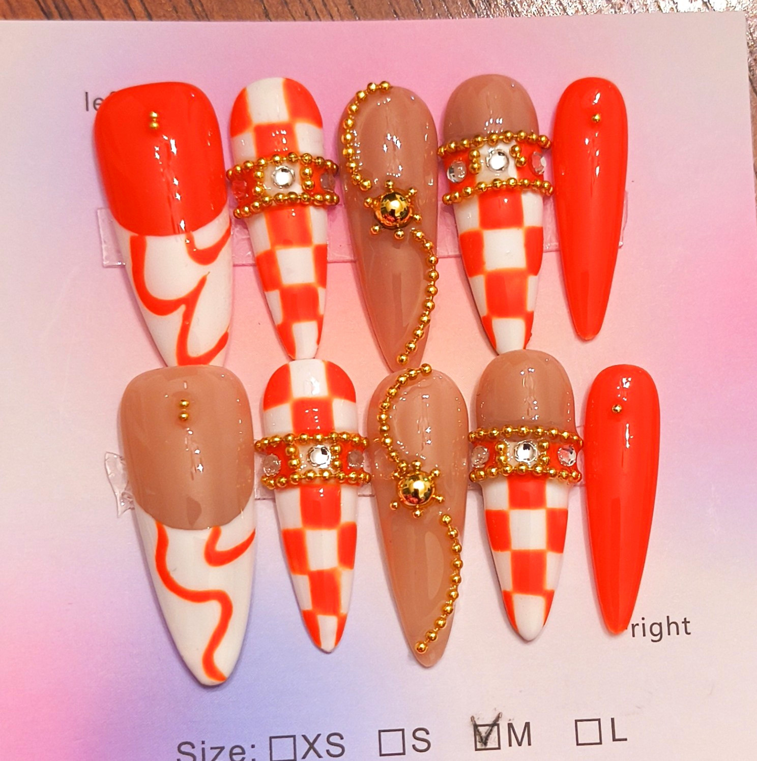 Press-On Nails Long Stiletto Orange White Nude Glossy Checkered Medium