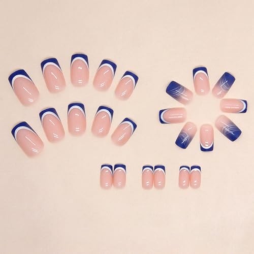 Blue Press on Nails Medium French Tip Fake Nails Square Glue on Blue French Tip