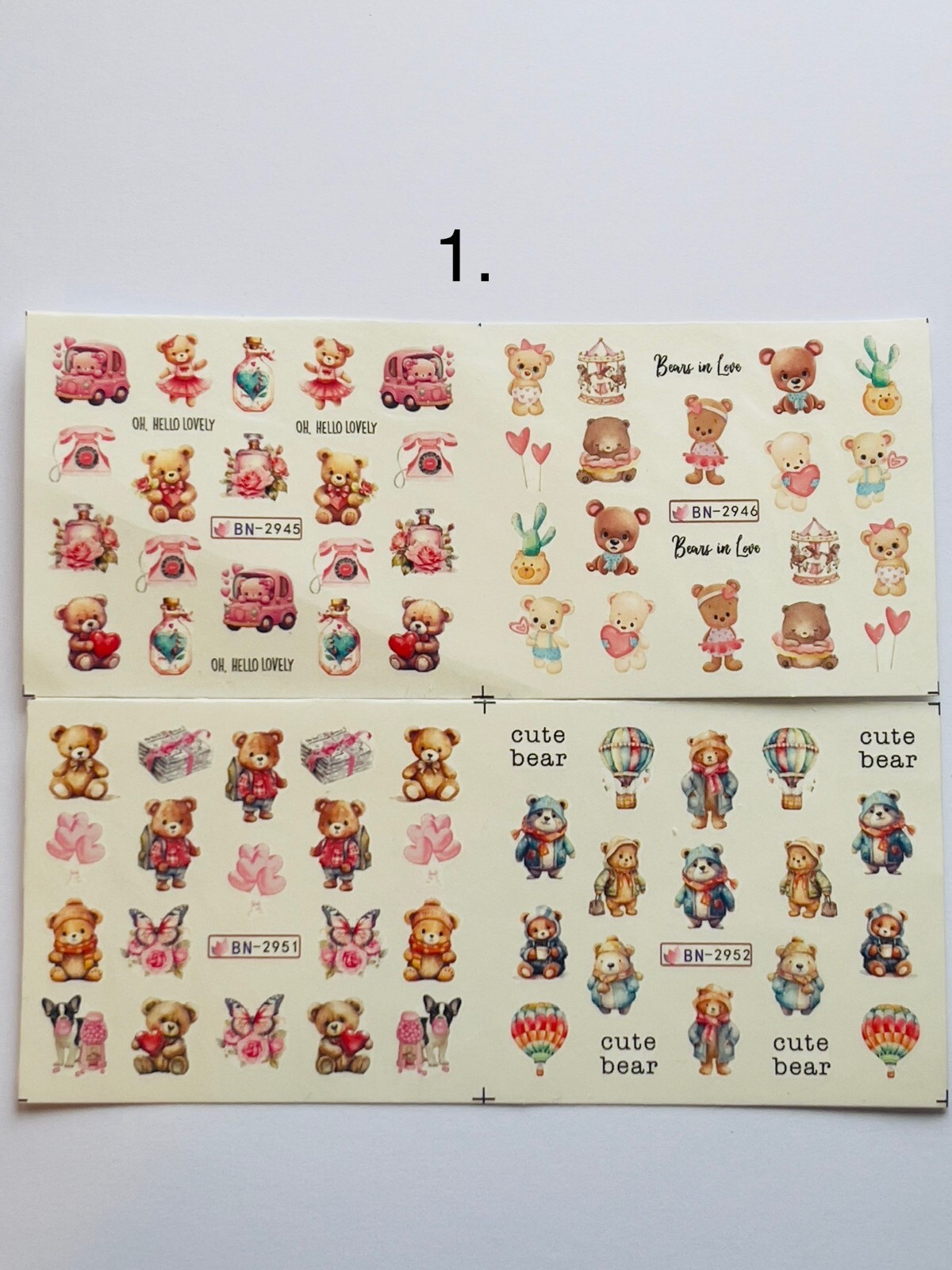 4 Sheets Nail Art Water Decals Teddy Bear Valentine’s Day Pink Cute Love Heart