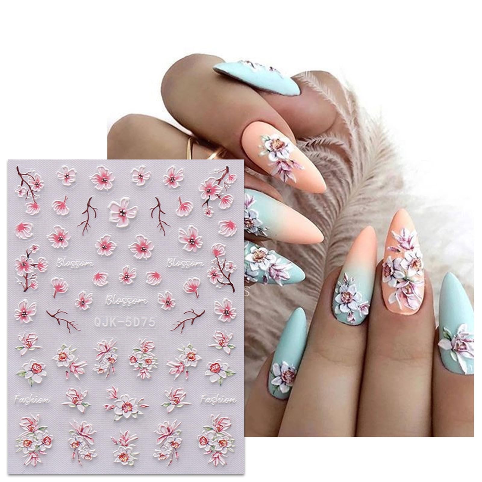 6 Sheets 3D Embossed Spring Flower Nail Art Stickers Decals Self-Adhesive Peg…