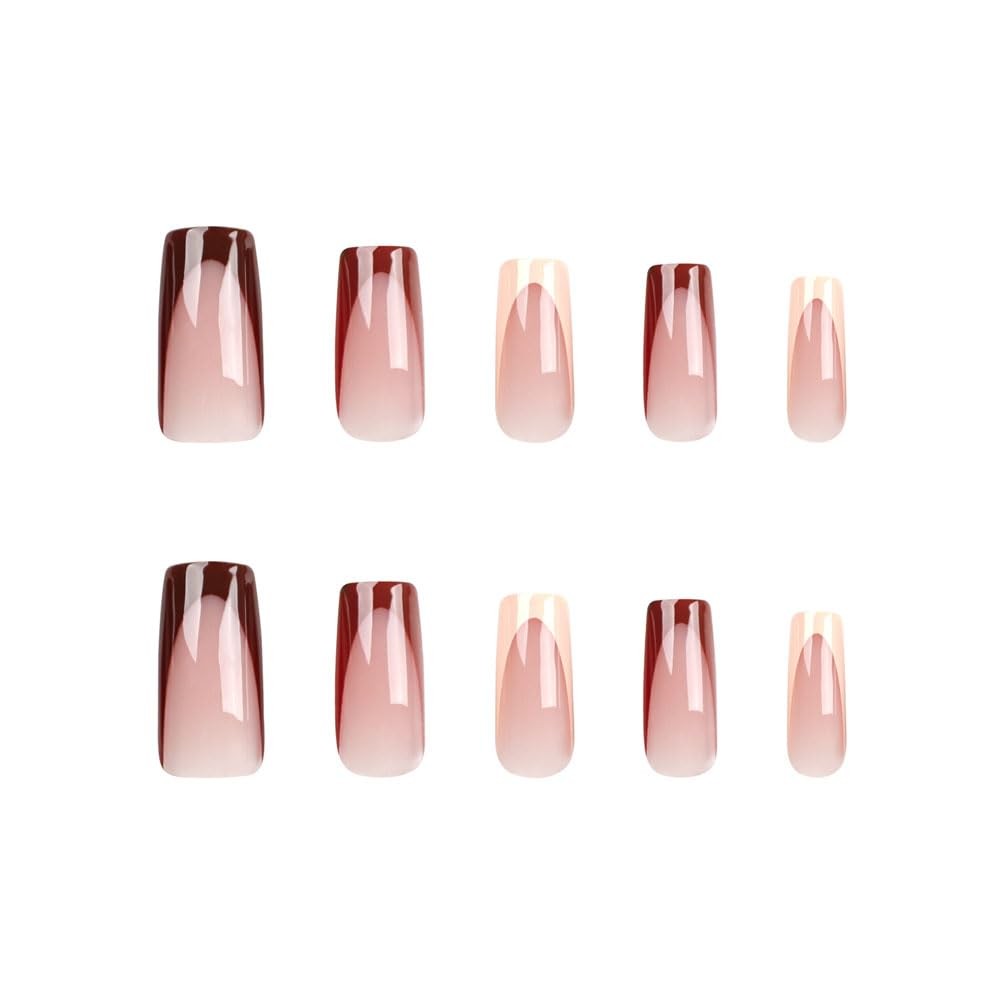 Brown Press on Nails Medium Long Square Fake Nails with Design Gel Glue on Na…