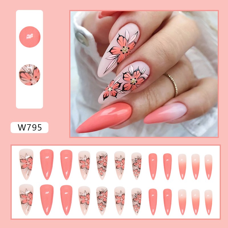 48Pcs-Long Almond Coral Pink Gradient Floral Gold Bead Press on Nails Set
