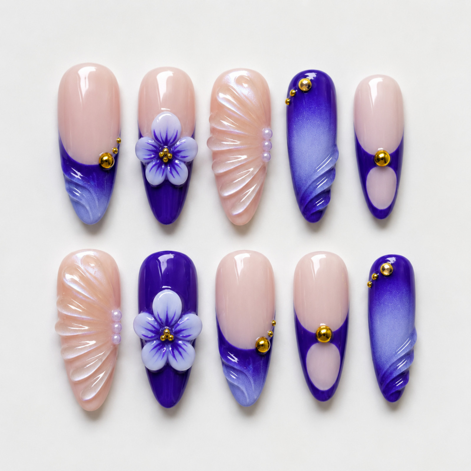 Handmade Purple Nude Press On Nails 3D Flower Gold Tone Nail Set