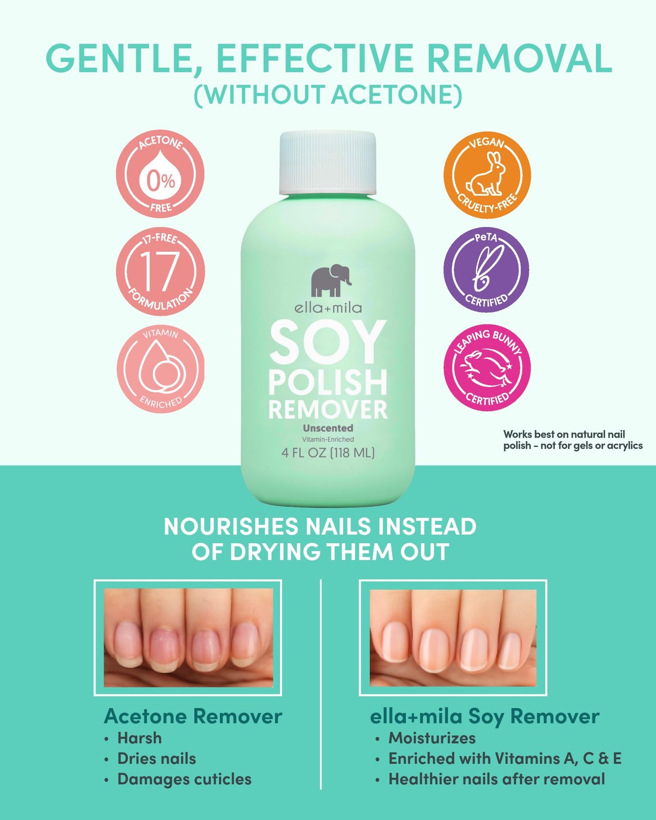 ella+mila Soy Nail Polish Remover – Unscented, 4 Fl Oz (Pack of 1)