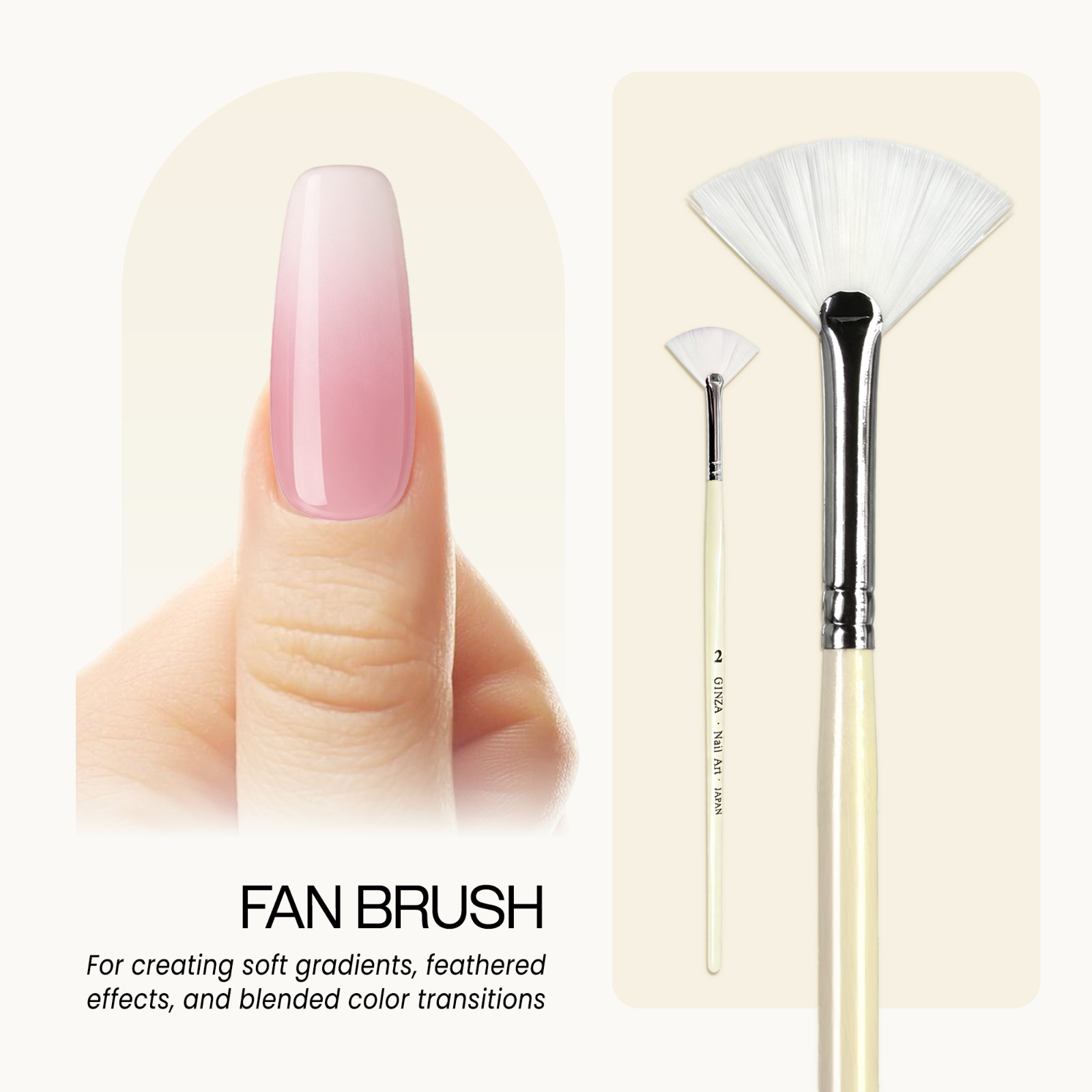 Ginza Professional Nail Art Fan Brush for UV Gel Nails with White Wooden Handle