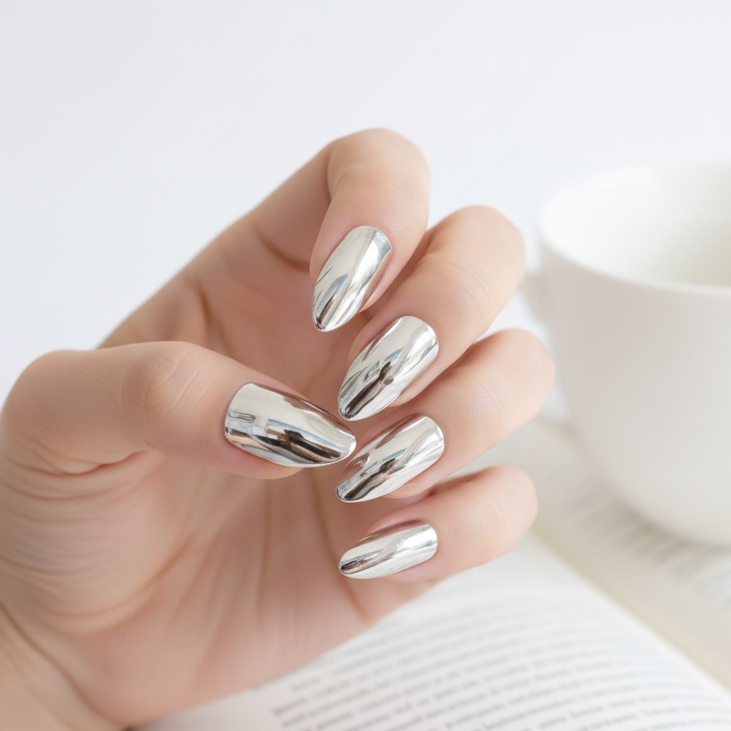 Silver Mirror Design Metallic Stiletto Long Artificial Press On False Nails Set