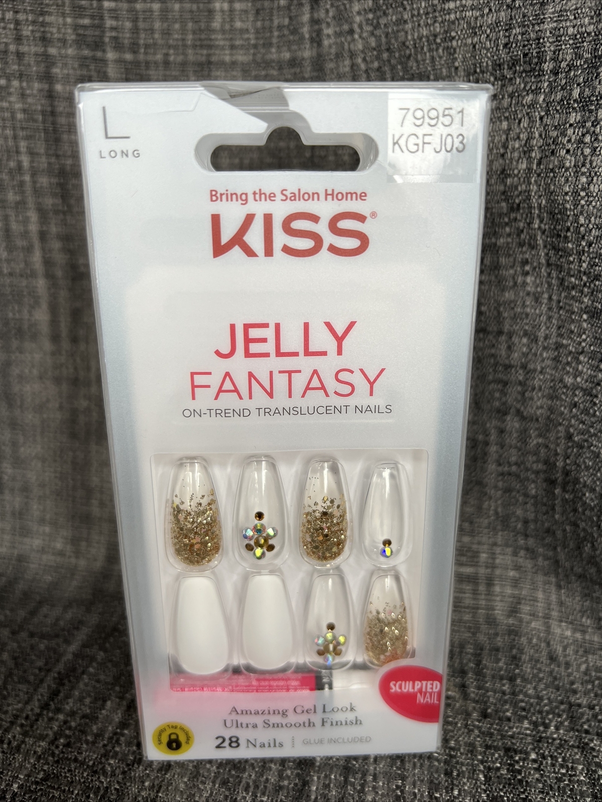 NEW Kiss Nails Jelly Fantasy Press or Glue Manicure Long Coffin White Clear Gold