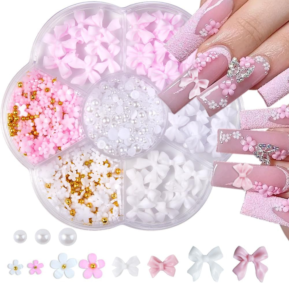 Kit de manicura con lazo de flores, linda flor 3D rosa y blanca