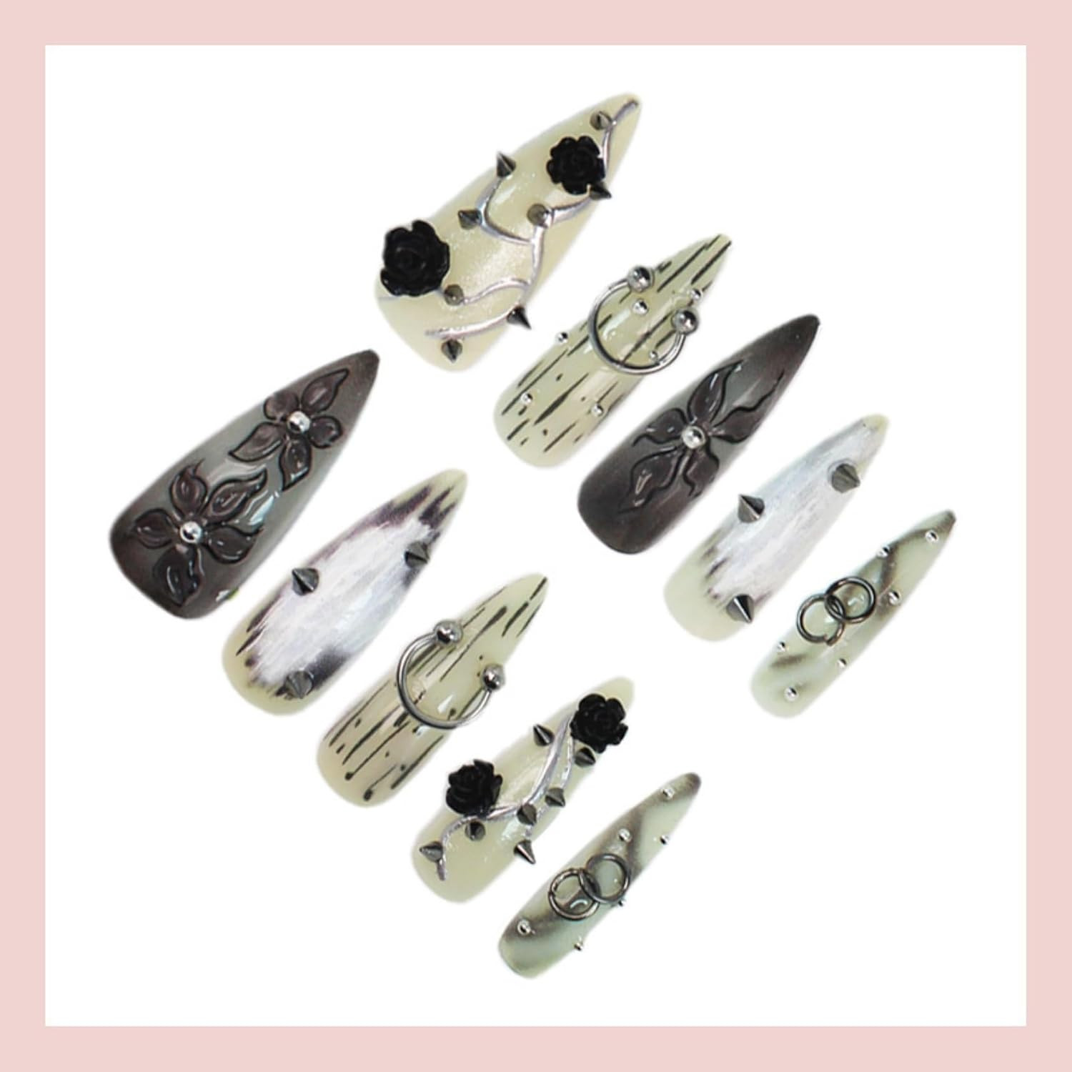 Gothic Punk Style Press on Nails with Black Roses, Metal Spikes & Chains Long Al