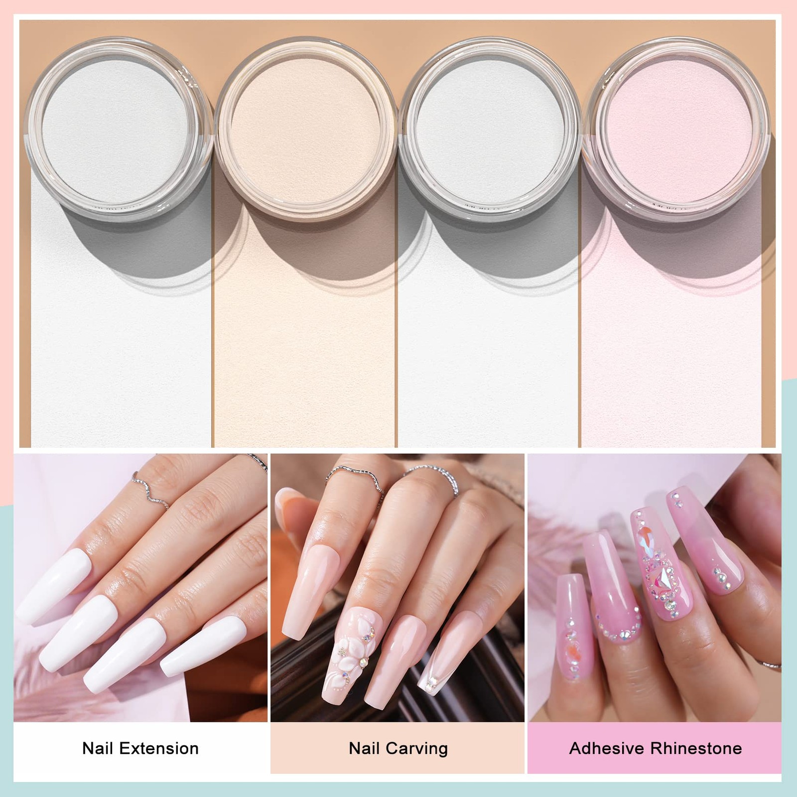 Morovan 4 Color Acrylic Powder Set for Nail Art Clear Pink Nude White 60g