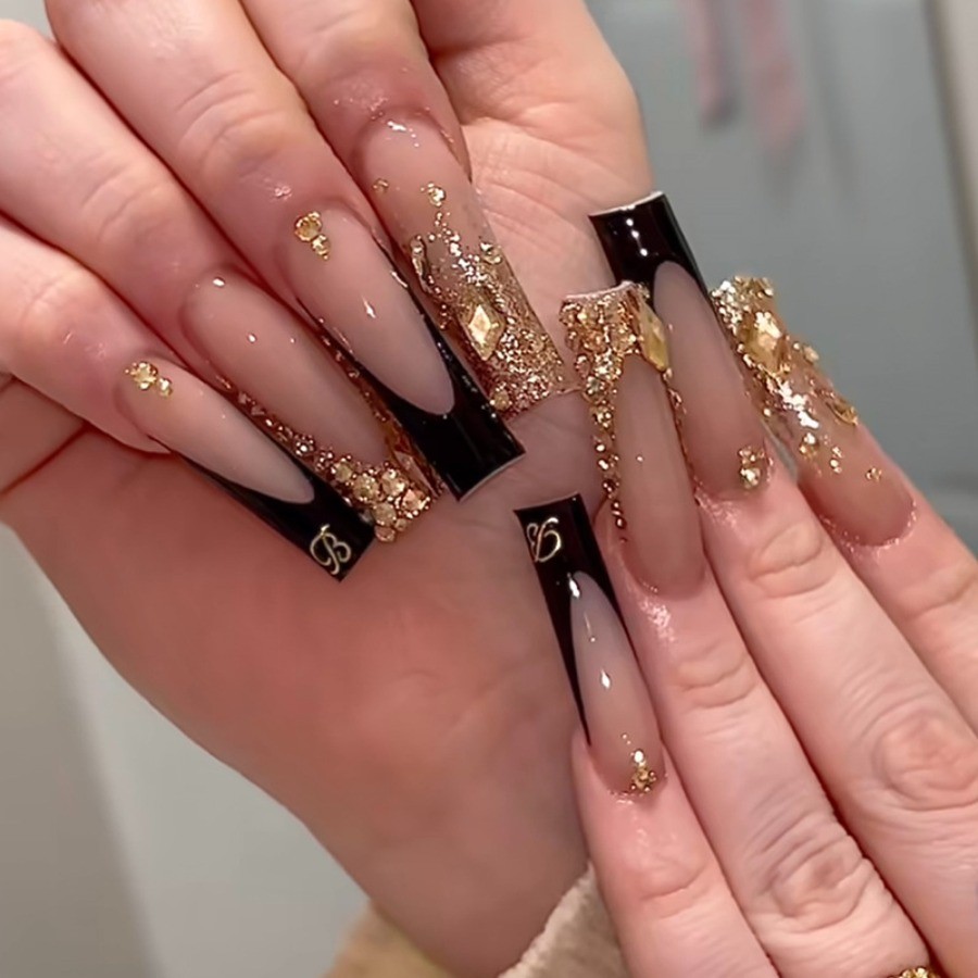 48pcs-Gold Glitter Press on Nails Nude Black French Square Rhinestone Accents