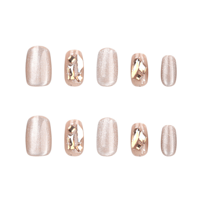 60Pcs-Medium Coffin Nude Shimmer Gold Foil Rhinestone Press on Nails Set
