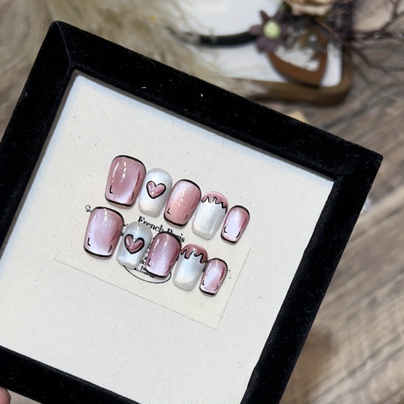 10Pcs Handmade Valentine’s Day Nails, White Pink Glitter Cat Eye, Heart Design