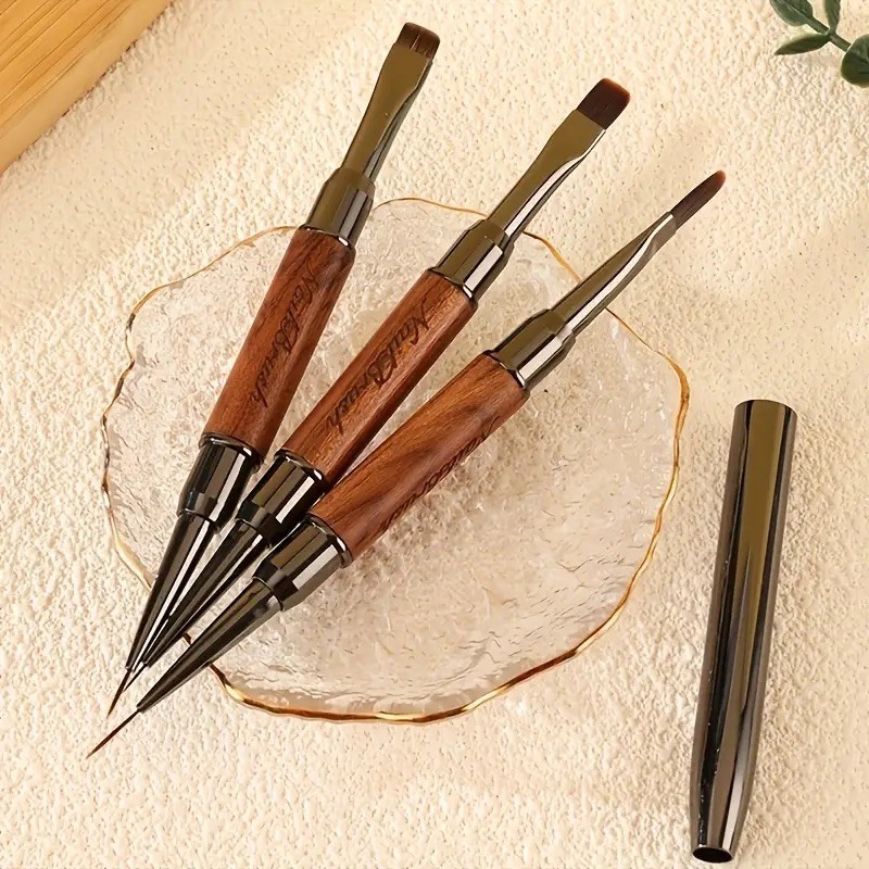 Sandalwood Handle Double-Ended Nail Art Brushes | Gel UV Acrylic Painting & Line