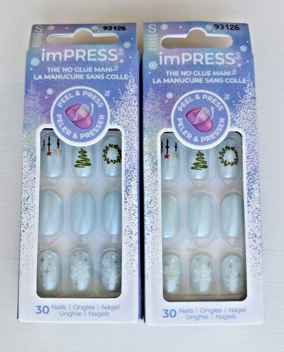 (2 LOT) KISS imPRESS 30 Nails Peel & Press Short Frosty Blue Snowflake Christmas