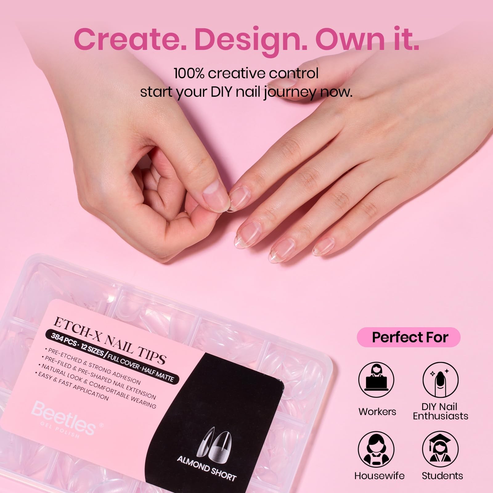 Beetles Gel Nail Tips Etch-X- Almond Short, Transparent Matte