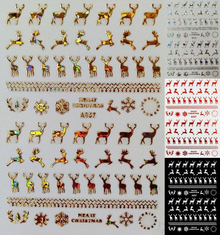 Reindeer Deer Merry Christmas 3D Horn Santa Snowflake Nail Art Sticker 4 Colors