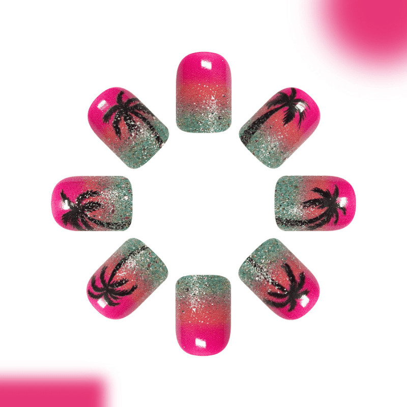 48P Short Square Press on Nails, Sunset Palm Tree Gradient Glitter Fake Nails