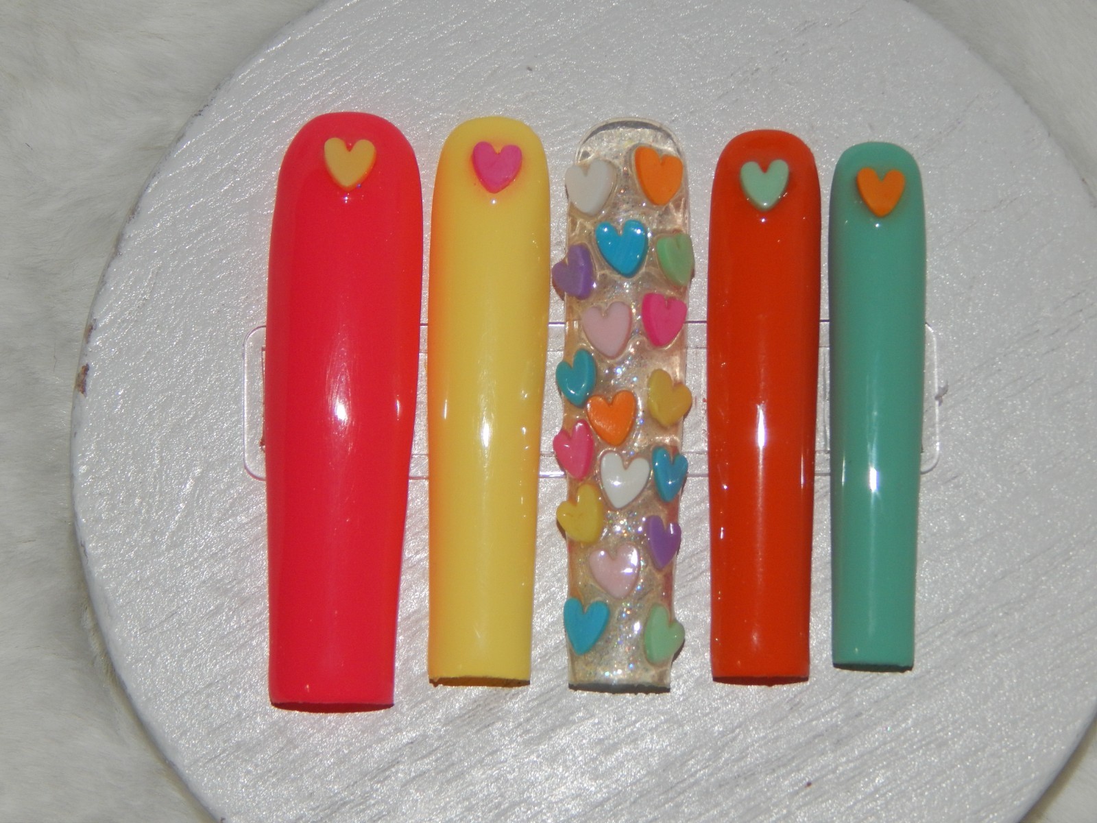 Luxury Handmade Press-On Nails I Reusable I Colorful Hearts I Square Shape l 3XL