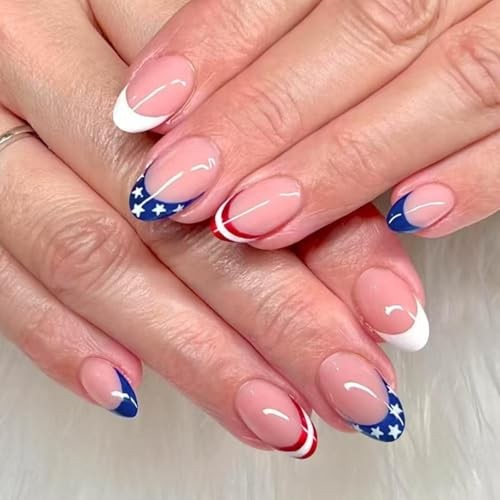 Independence Day Press on Nails French Tip Fake 0.04 Fl Oz (Pack of 24) MH20