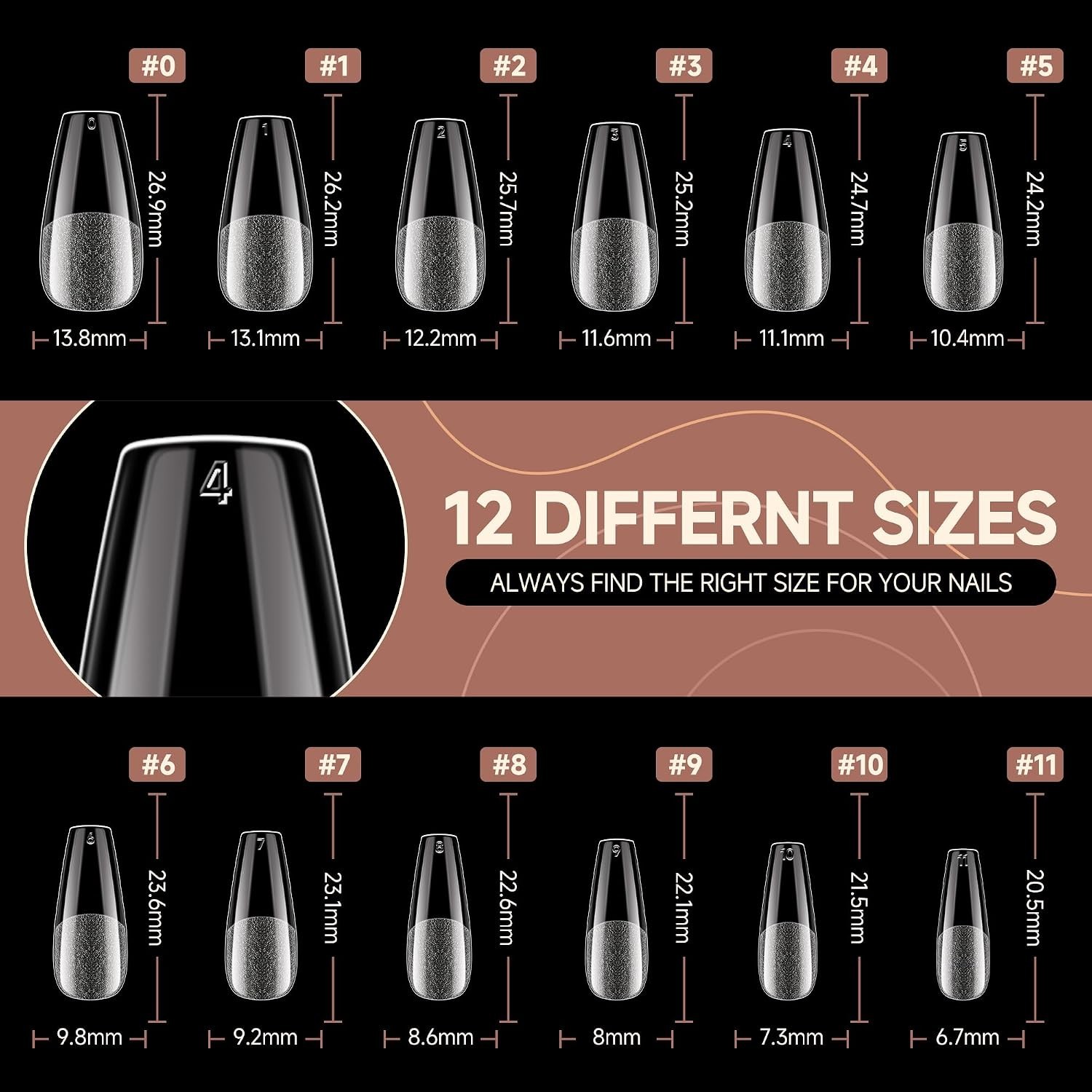 Half Matte Clear Coffin Nail Tips Set – 12 Sizes of 216 Full Cover Gel Nails
