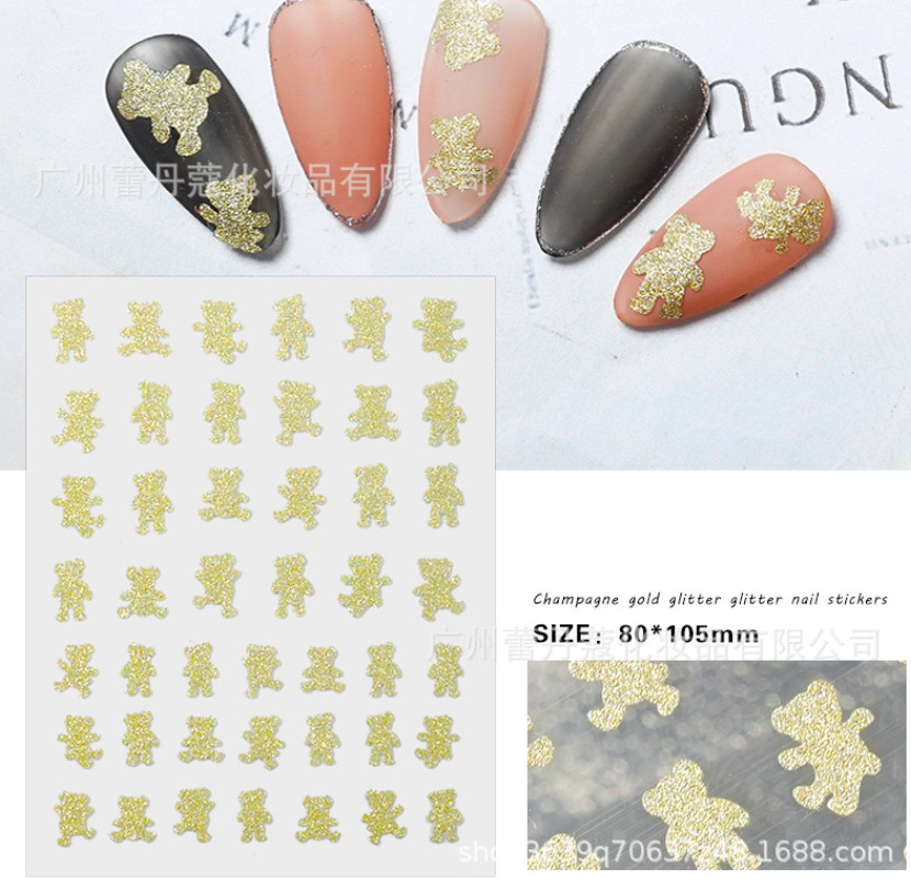 Champagne Gold Glitter Nail Stickers Heart Star Butterfly Bear Flame French NS53