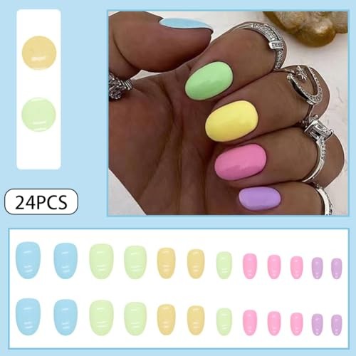 Short Almond Press on Nails， Short Fake Nails with Cute Multi -Color Rainbow