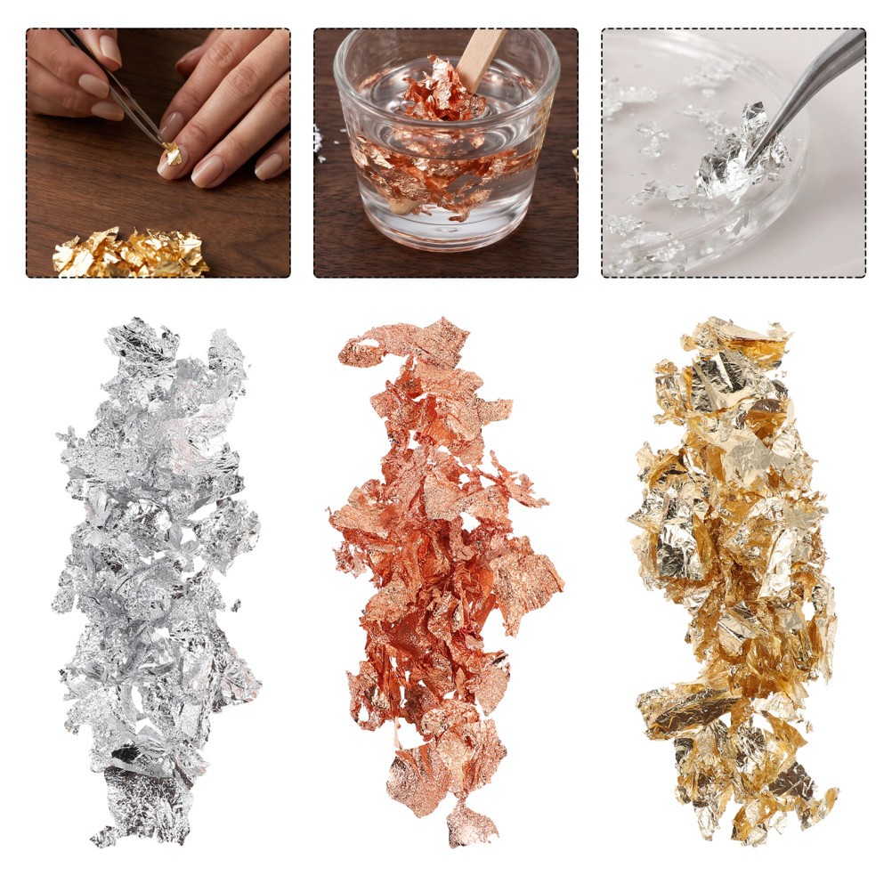 3pcs Metallic Foil Flakes, Imitation Gold 5 Gram Bag, Metal Leaf Foil