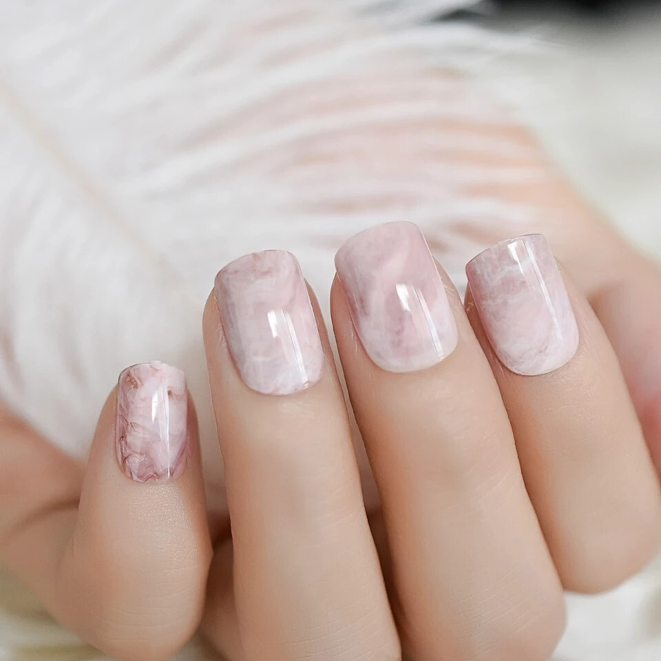 24 Short Press on nails kit w glue pink marble swirl