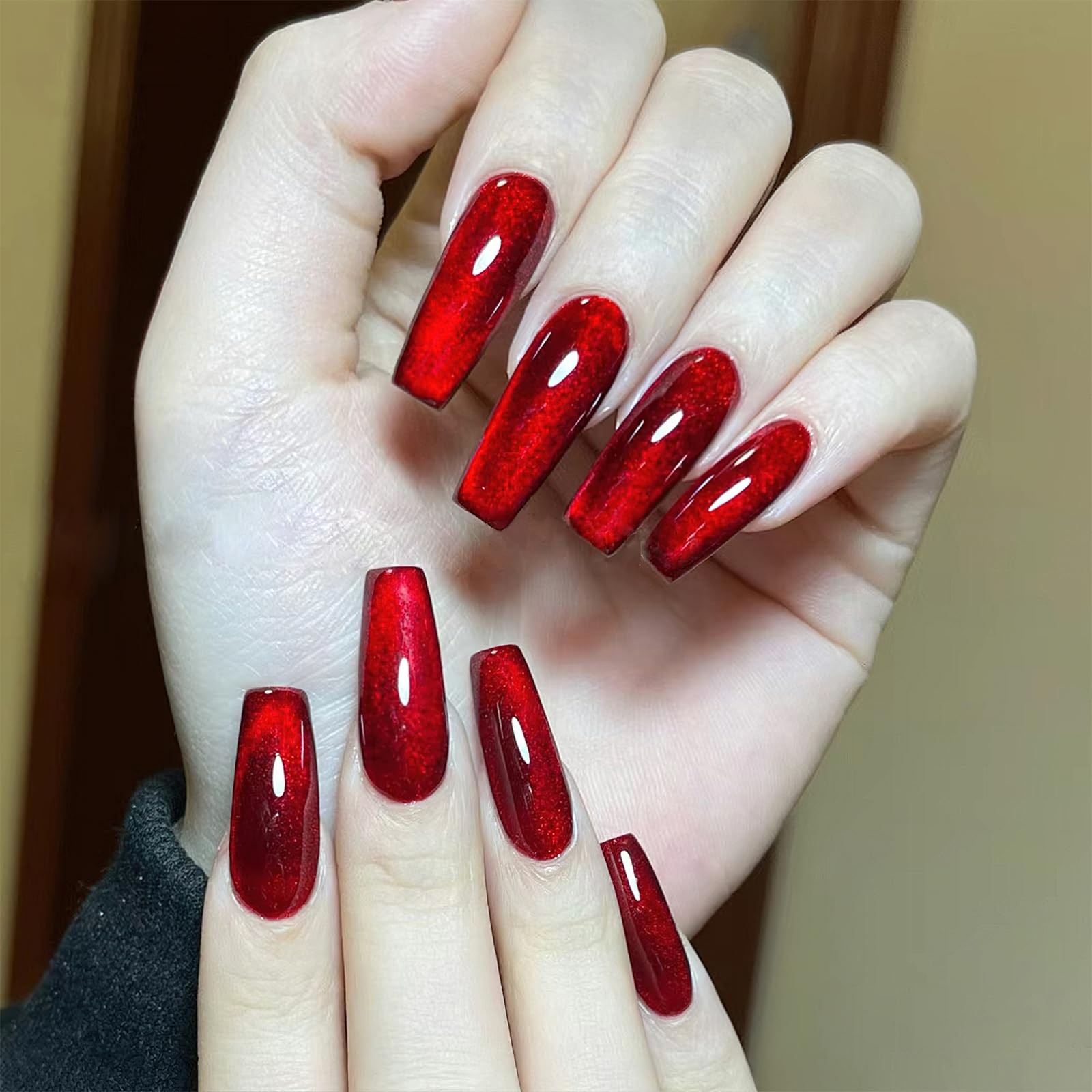 ROFIBUT Wine Red Press on Nails Long Square Coffin Fake Nails Glossy Red Acry…