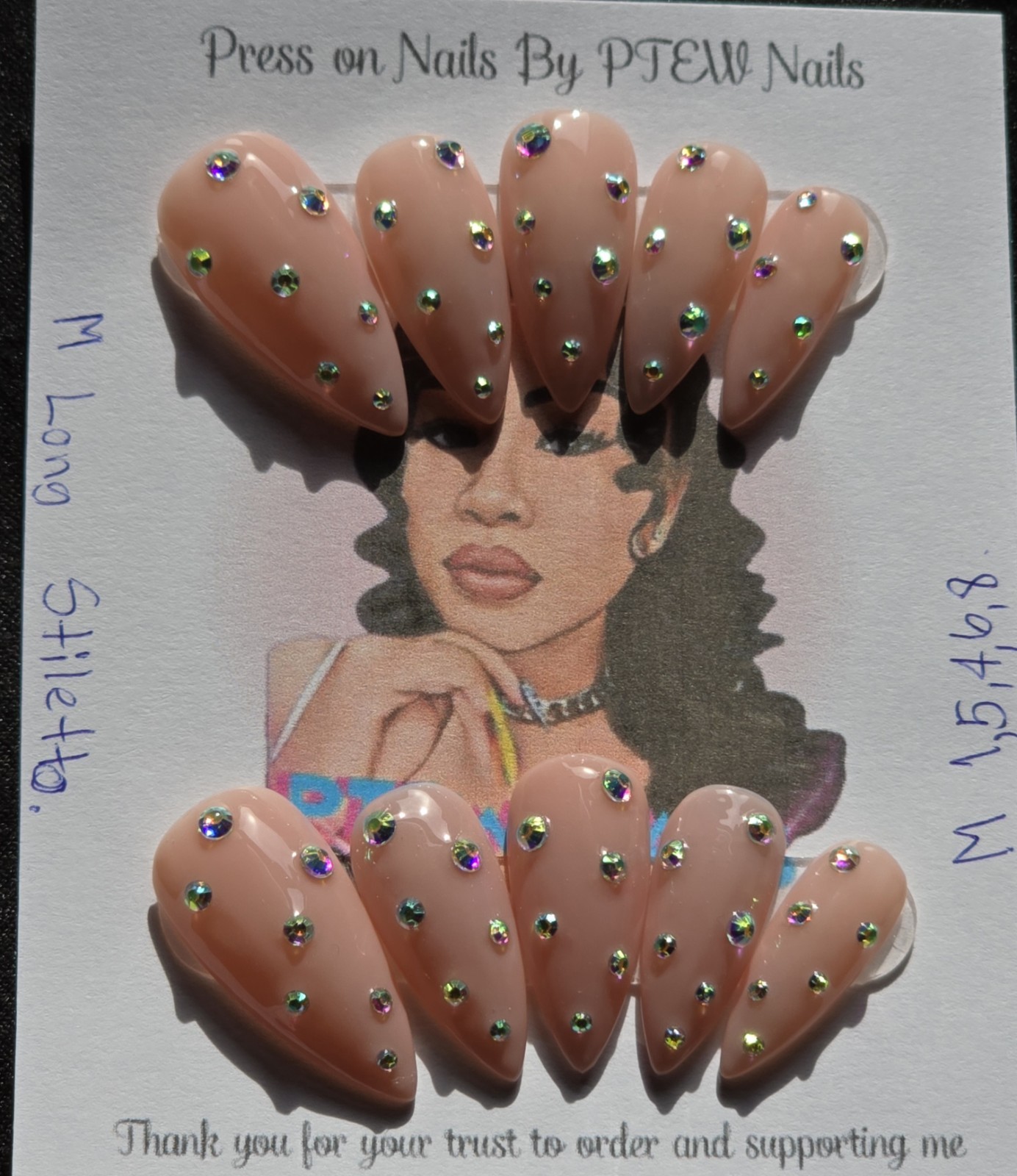 Handmade Press On Nails,Blingz Lover,Medium Size 1,5,4,6,8 Medium Long Stiletto