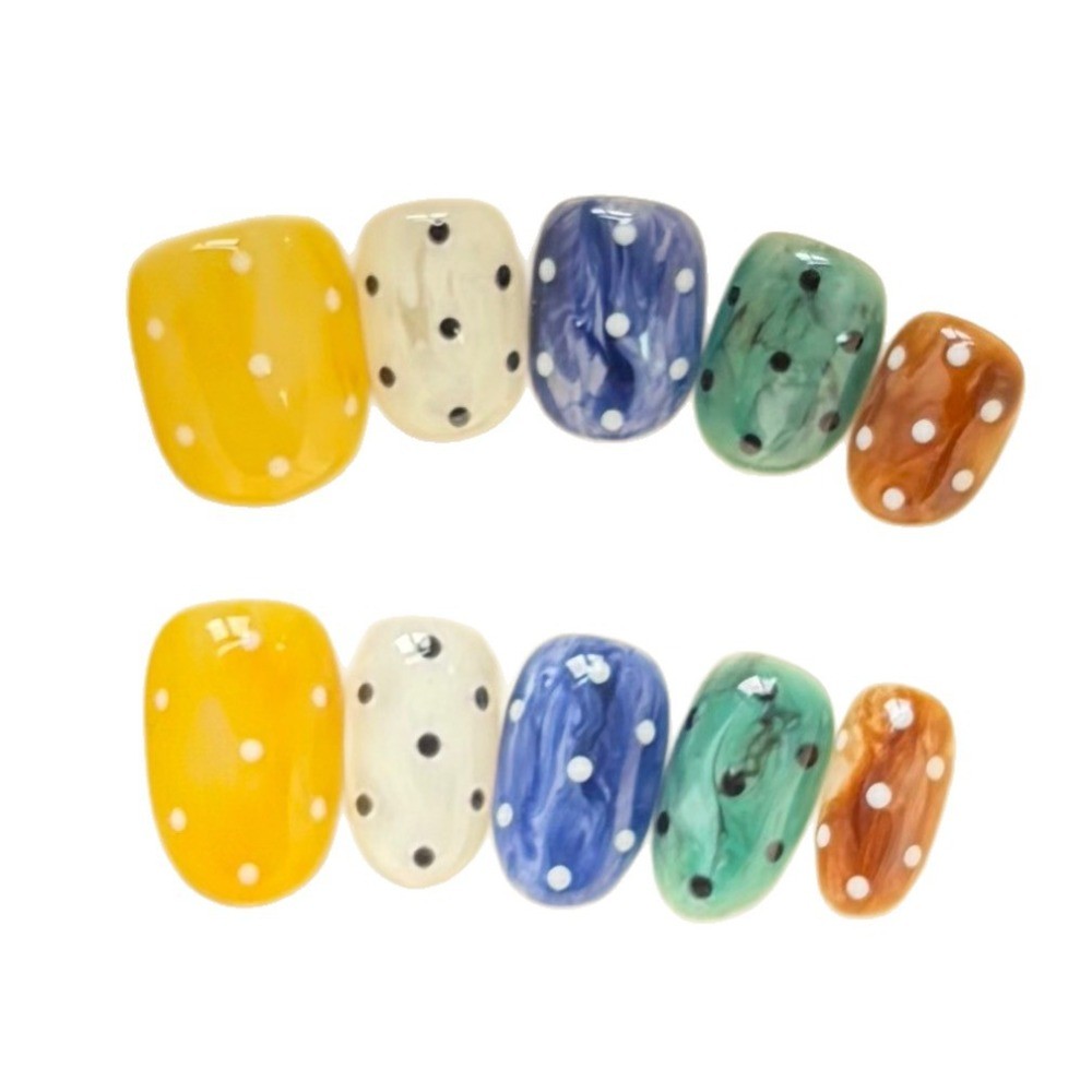 Short Square Oval Swirl Polka Dot Nails Fashion Art Style Reusable Manicure