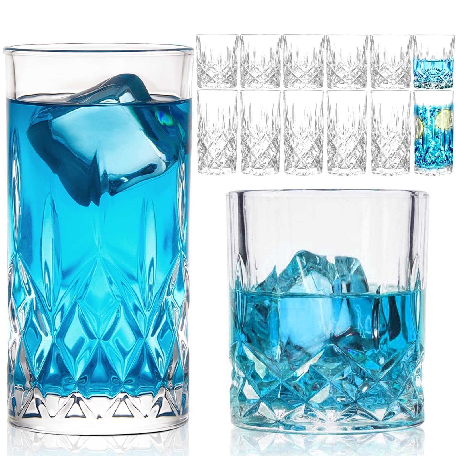 Drinking Glasses, 12 Piece Crystal Glass Cups, Mixed Glassware Set, 6 pcs Cry…