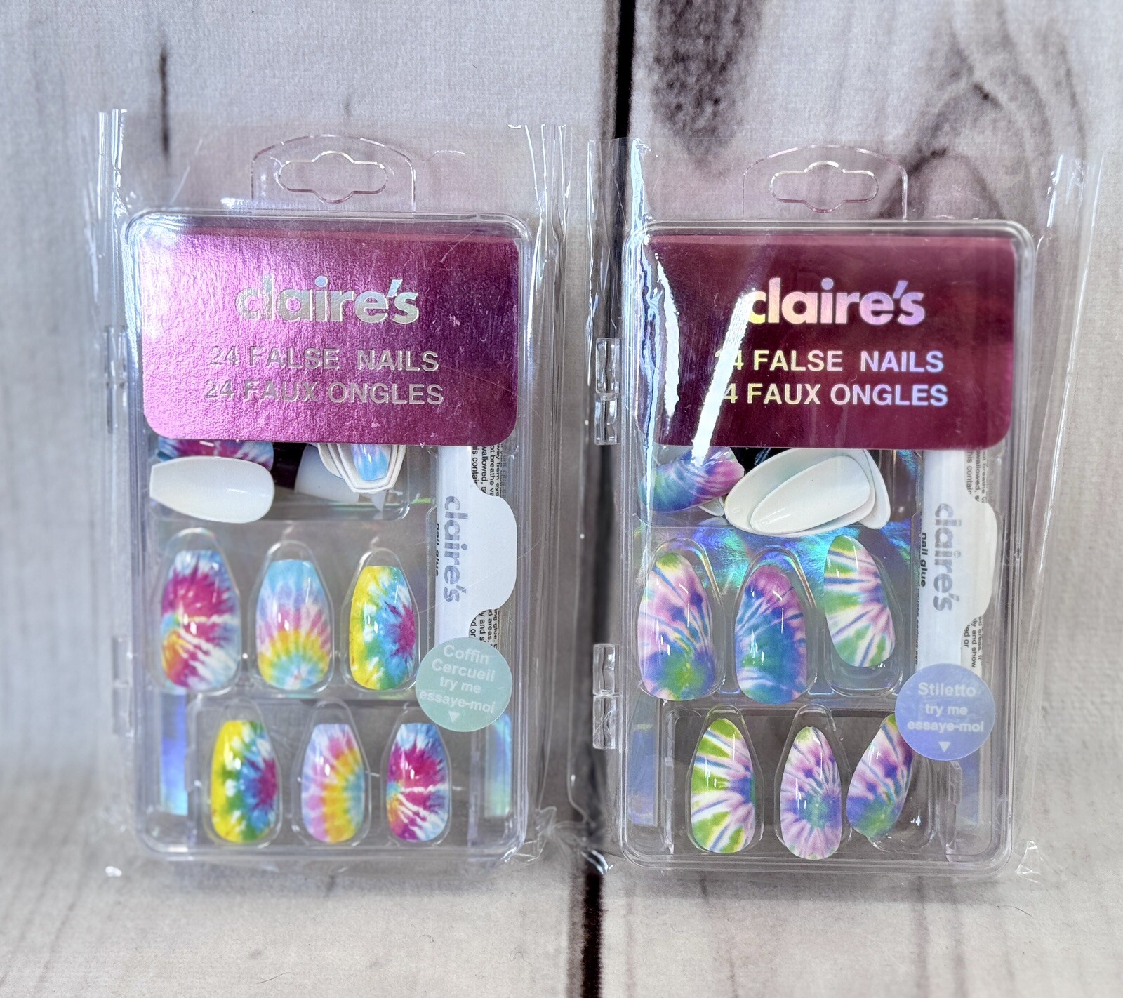 x2 NIB Claire’s Faux Fake 24 Press On Nails Tie Dye Stiletto Pastel Rainbow Glue