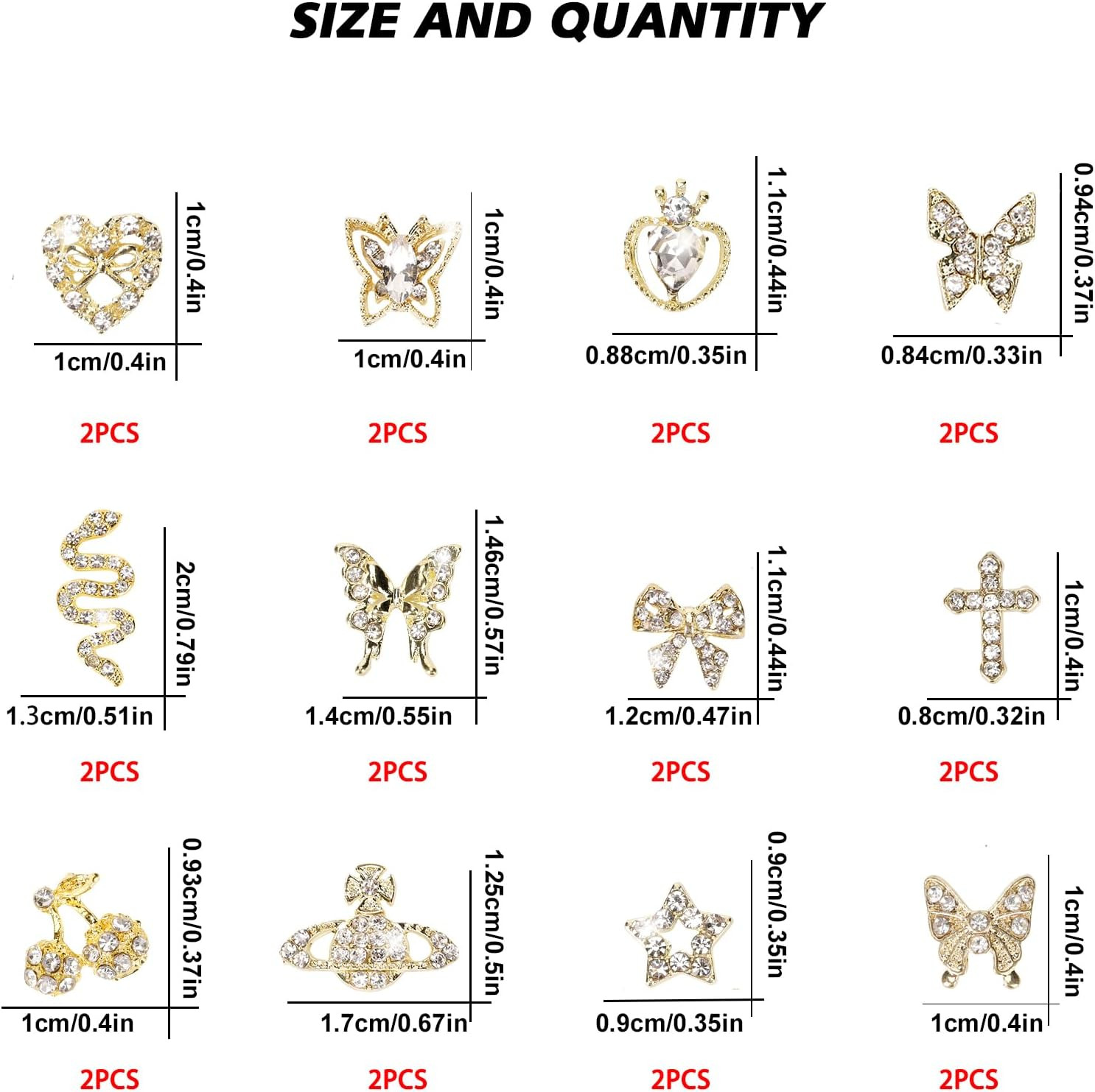 24PCS Nail Charms Y2K Alloy Nail Art Rhinestone Charms 3D Heart Bow Butterfly Ch