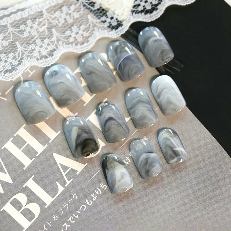 Gray marble short Press On Nails Glue On 24 Kit grey
