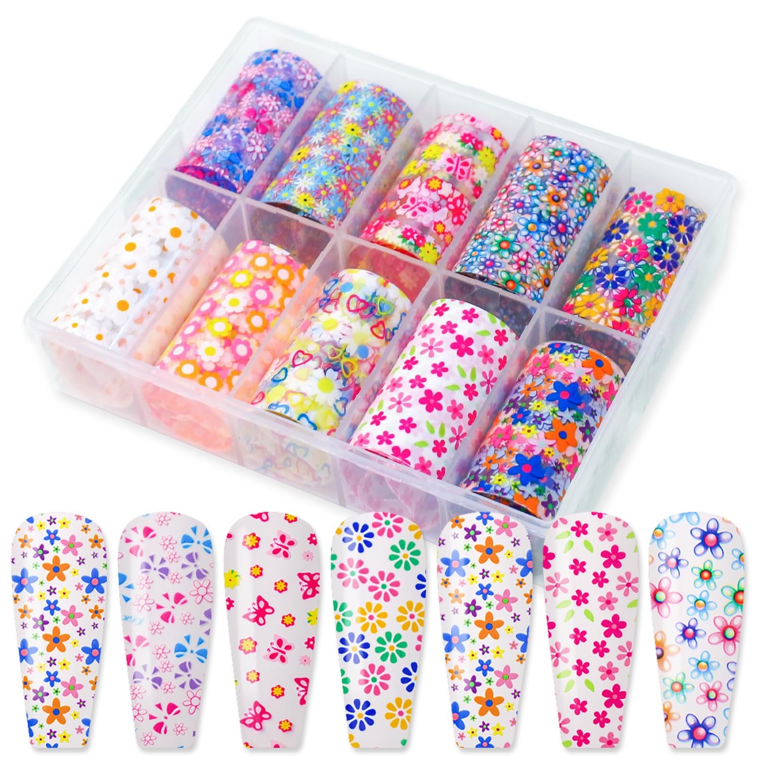 10 Roll Flower Nail Foil Transfer Holographic Foils Paper Sheets Daisy Nail Stic