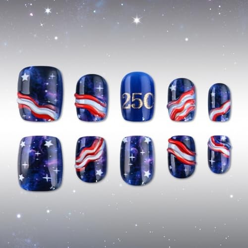 Independence Day Press on Nail Short Square Fake Nails Full Cover July4 Nails40