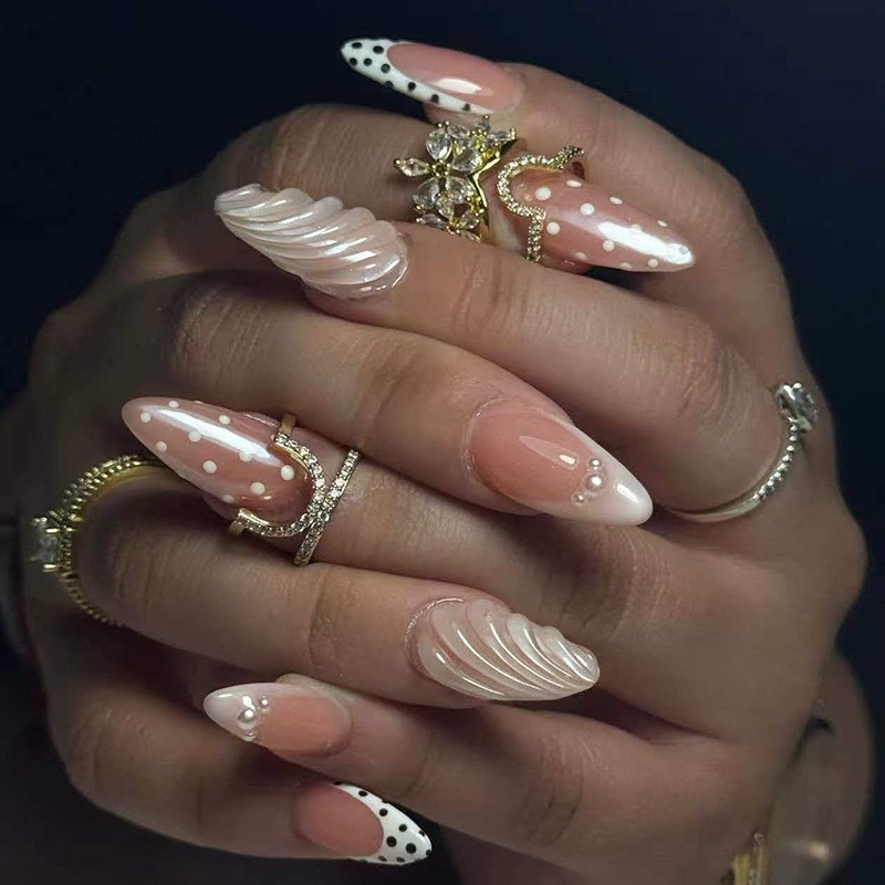 60 Pcs Polka Dot Shell Almond Press on Nails, Elegant Trendy Daily Fake Nails