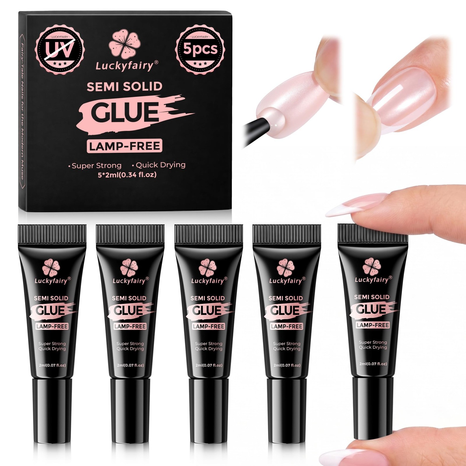 Luckyfairy 5pcs Super Strong Nail Glue for Press On Nails, Fast-Drying No Lamp N