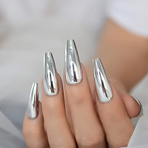 Silver Punk Metallic Press On False Nails Long Coffin Ballerina Chrome L5883-1