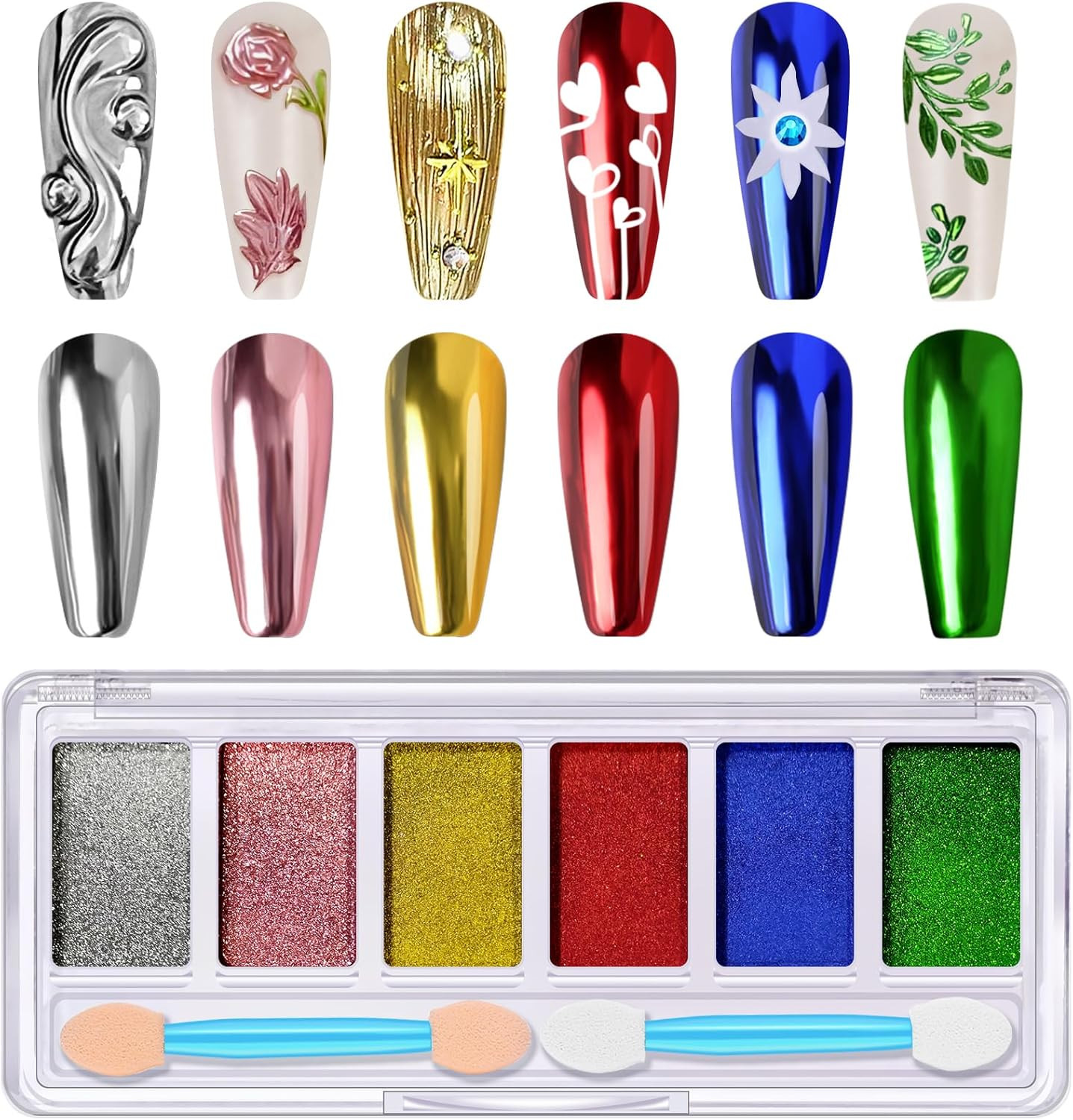 Gold Silver Chrome Nail Powder, 6 Colors Metallic Mirror Effect Pink Light Purp