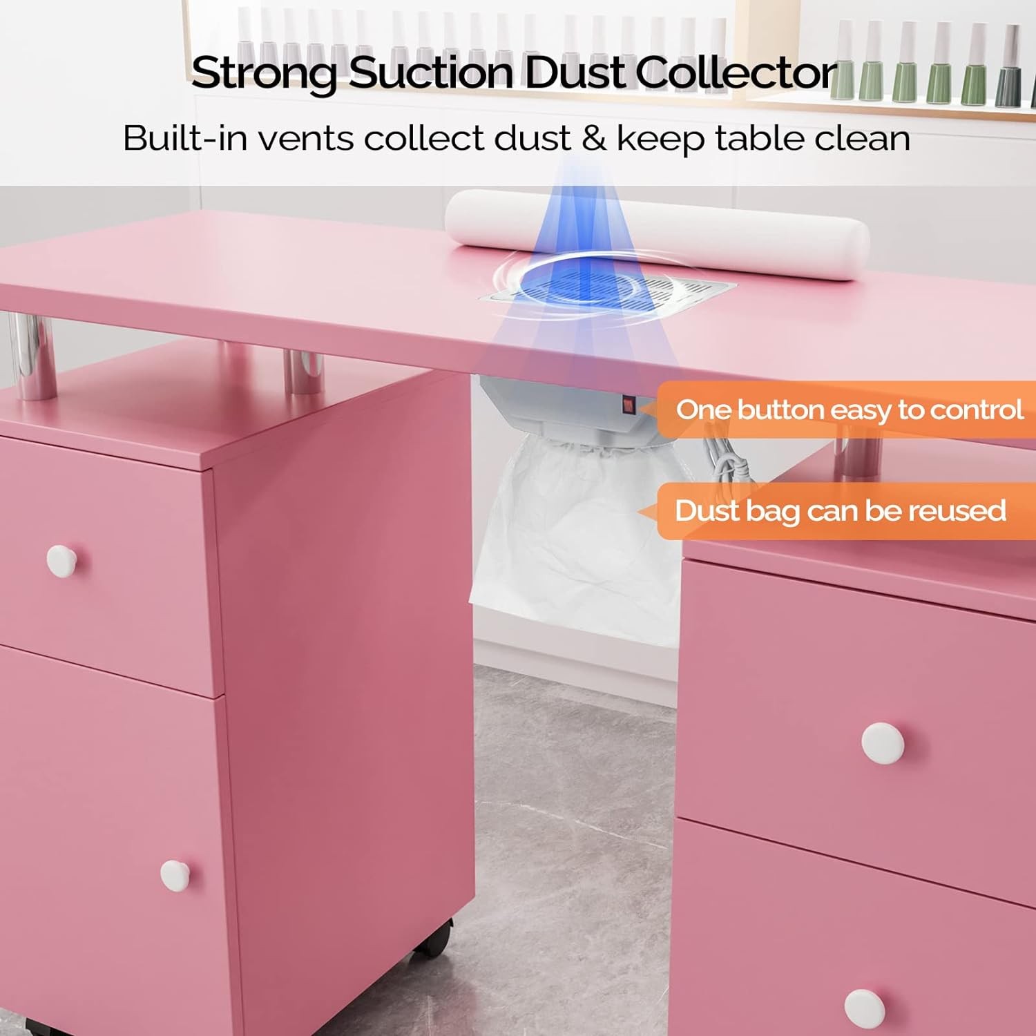 Manicure Table Nail Technician Desk Workstation w/Dust Collector, Drawers,Wheels