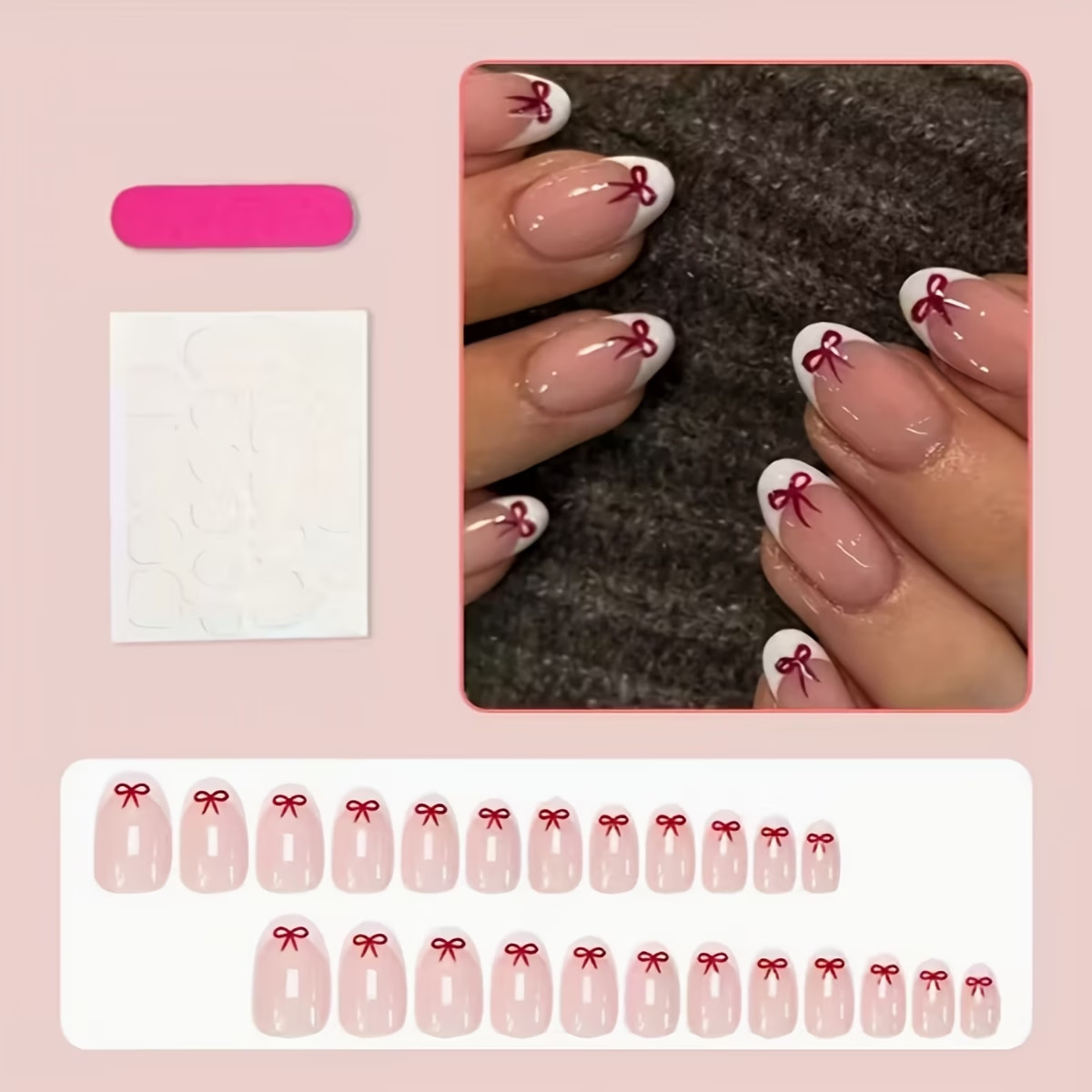 24pcs Short Oval Press-On Nail Set – Glossy White Classic with Red Bow