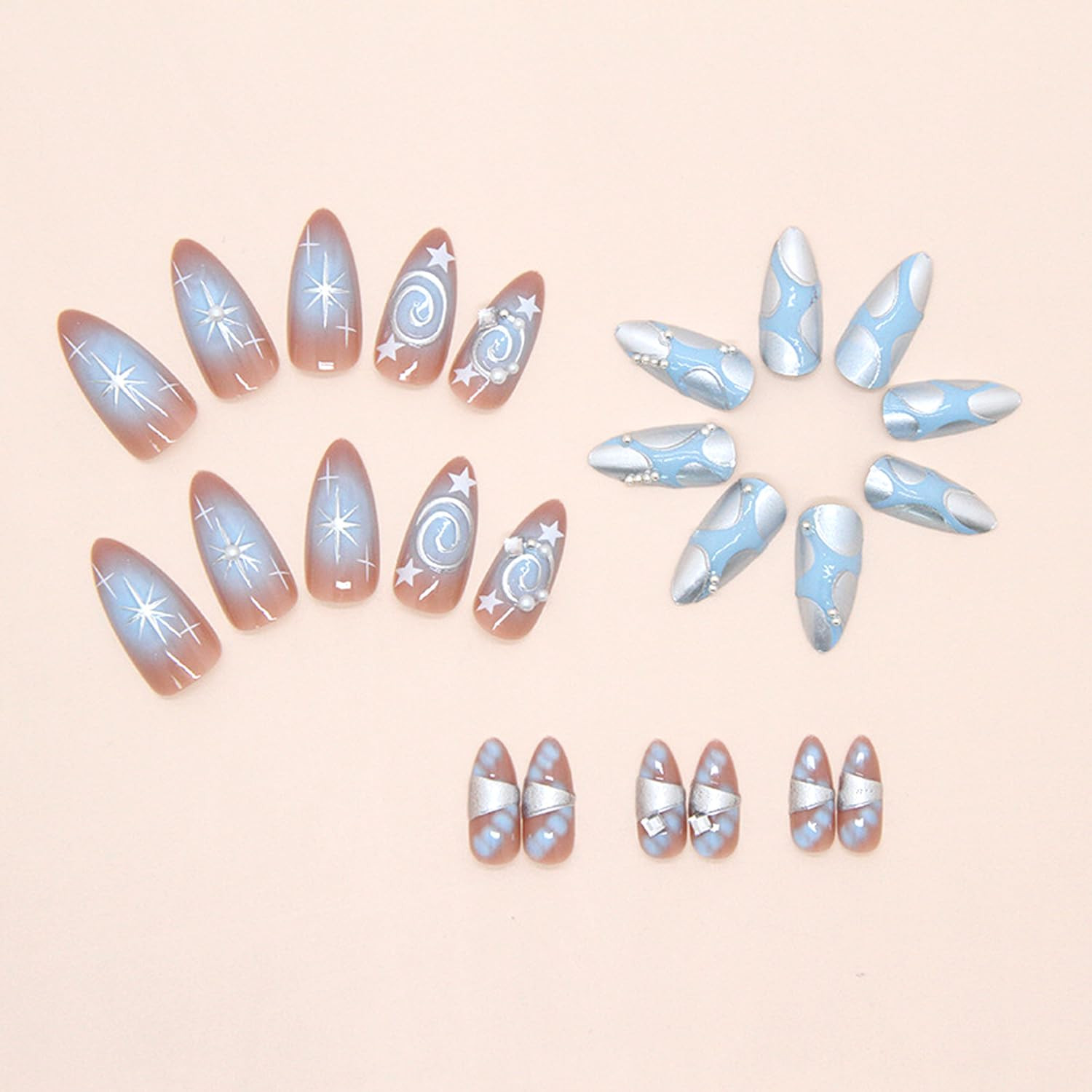 24Pcs Almond Press on Nails Medium Fake Nails with Silver Star Irregular Lines P