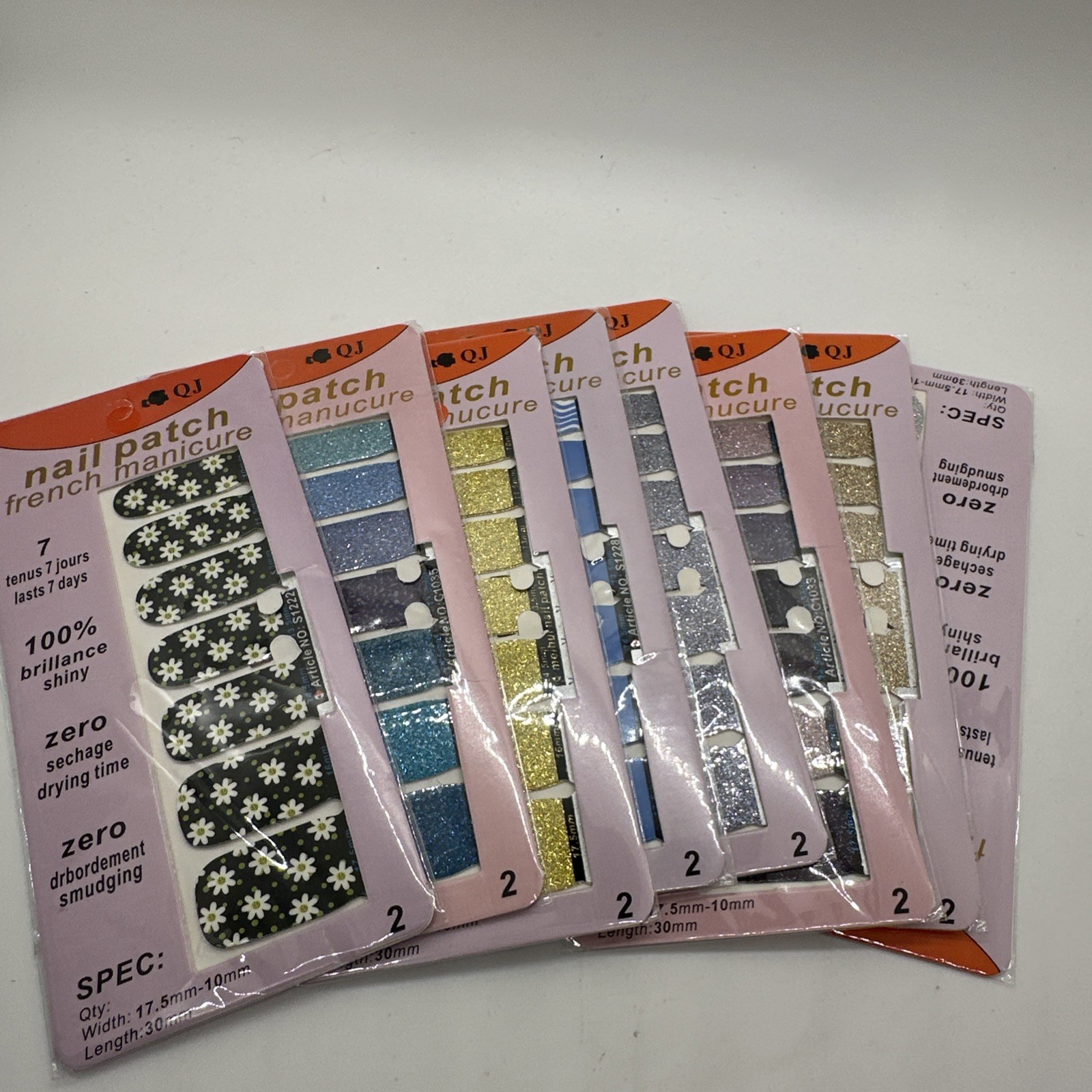 Lot Of 8 QJ Nail Patch Wrap Packs Nail Art Multicolor Glitters New 8×16 Strips