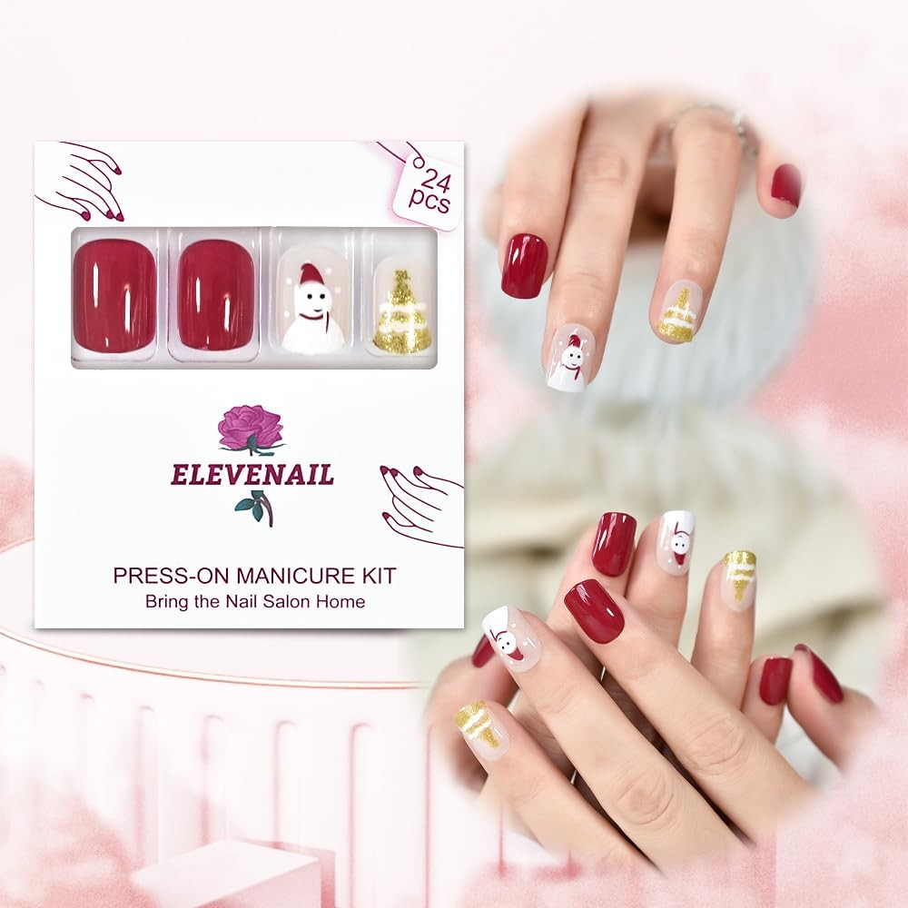 Christmas Snowman Press On Nails with Pre-design Golden Glitter Tree Short Sq…